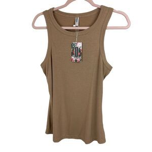 🔥 HWOKEFEIYU Tan Ribbed Scoop-neck Basic Tank Top